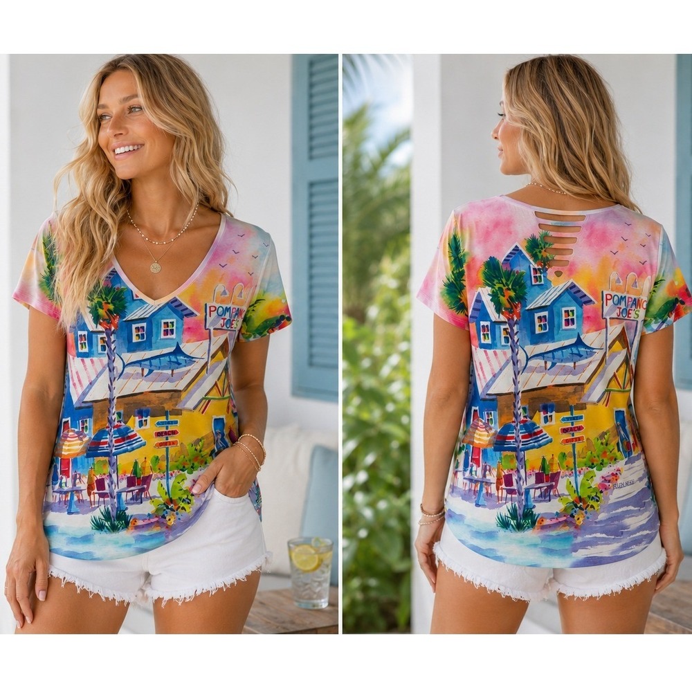 Ellen Negley Pompano Joes Watercolor Art Tunic Top Strappy Neck Sharkbite Large